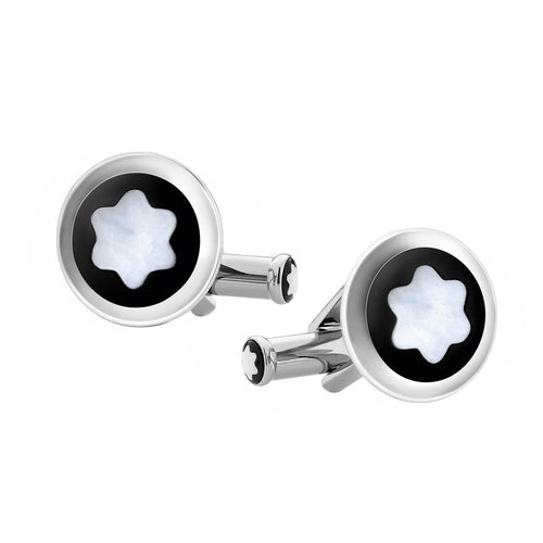 Montblanc Stainless Steel with Black PVD Inlay and Mother of Pearl Snowcap Emblem Round Cufflinks