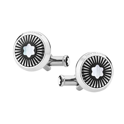 Montblanc Stainless Steel with Ray Pattern and Mother of Pearl Snowcap Emblem Round Cufflinks
