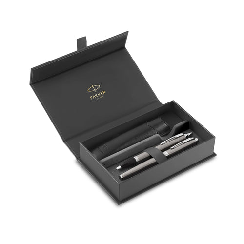 Parker IM Stainless Steel Chrome Trim Duo Gift Set with Pen Pouch