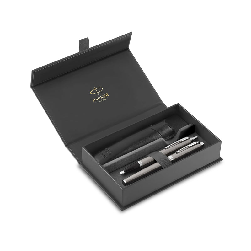Parker IM Stainless Steel Chrome Trim Duo Gift Set with Pen Pouch
