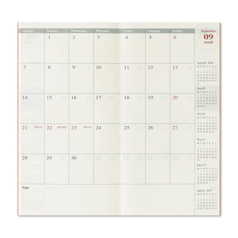 Traveler’s Company Notebook Refill Regular Size 2026 Monthly Diary