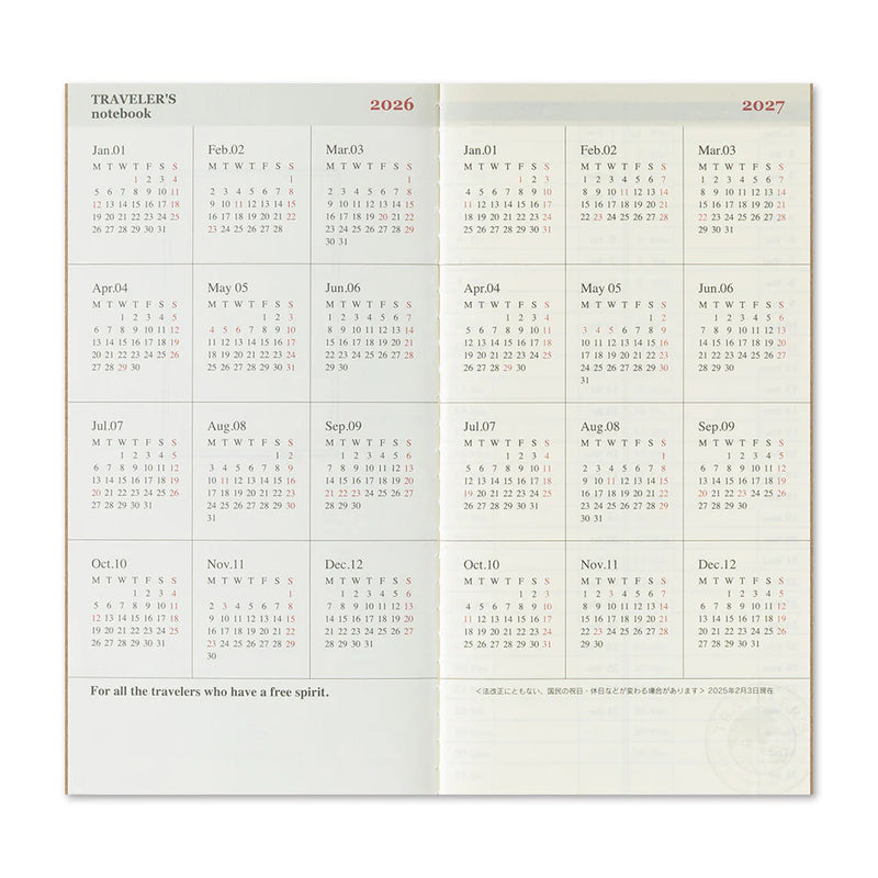 Traveler’s Company Notebook Refill Regular Size 2026 Diary Weekly + Memo