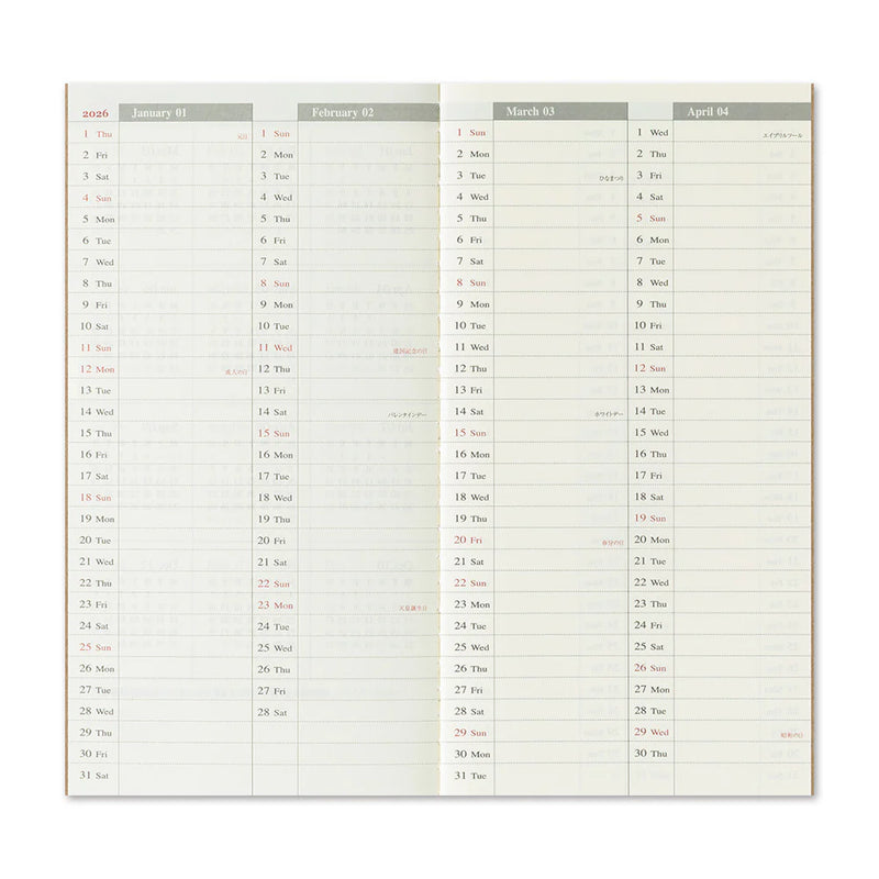 Traveler’s Company Notebook Refill Regular Size 2026 Diary Weekly + Memo